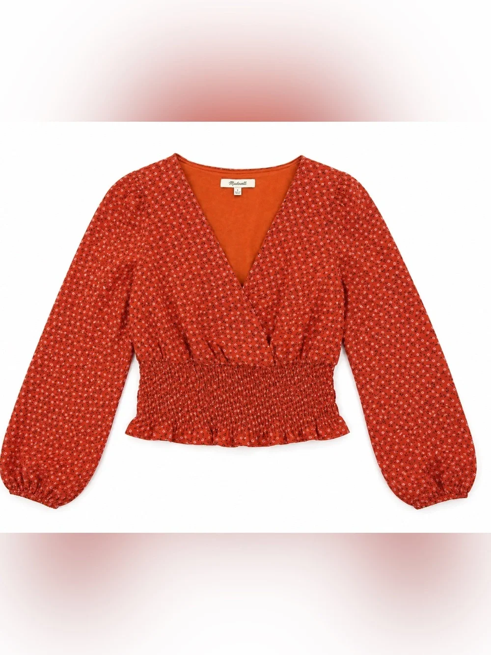 Madewell Red Floral Faux Wrap Wide Elastic Waist Blouse Size Small Puff Sleeve S